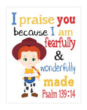 Jessie Toy Story Christian Nursery Decor Print, Fearfully and Wonderfully Made Psalm 139:14