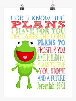 Kermit the Frog Sesame Street Christian Nursery Decor Print, For I Know The Plans I Have For You, Jeremiah 29:11