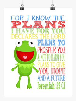 Kermit the Frog Sesame Street Christian Nursery Decor Print, For I Know The Plans I Have For You, Jeremiah 29:11