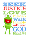 Kermit the Frog Sesame Street Christian Nursery Decor Print, Seek Justice Love Mercy Micah 6:8
