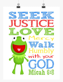 Kermit the Frog Sesame Street Christian Nursery Decor Print, Seek Justice Love Mercy Micah 6:8