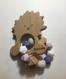 Engraved Personalized Large Hedgehog Montessori Wooden Teether Rattle Organic Wood Teething Ring Gift for Baby Shower