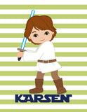 Personalized Space Wars Nursery Decor Set of 4 Prints, The Force Is Strong With This One, Luke Skywalker and Darth Vader in Sage, Navy and White