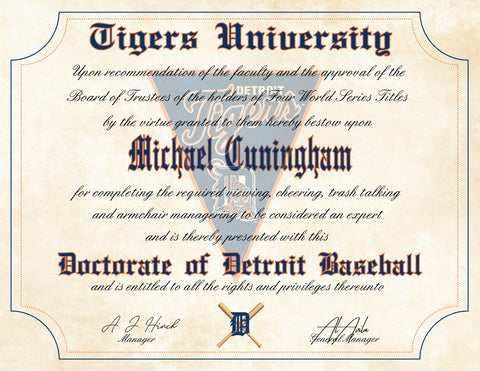Detroit Tigers Ultimate Baseball Fan Personalized Diploma - 8.5" x 11"