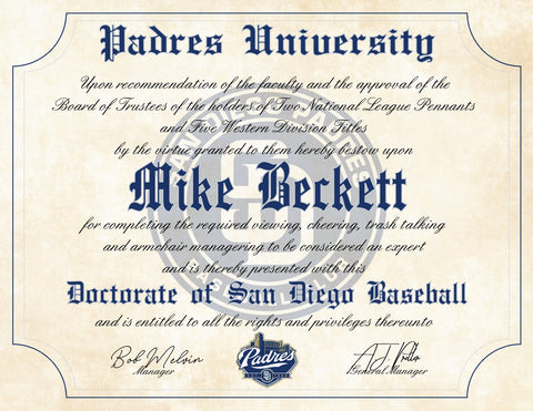 San Diego Padres Ultimate Baseball Fan Personalized Diploma - 8.5" x 11"