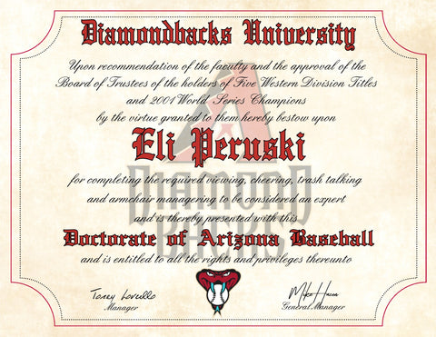 Arizona Diamondbacks Ultimate Baseball Fan Personalized Diploma - 8.5" x 11"