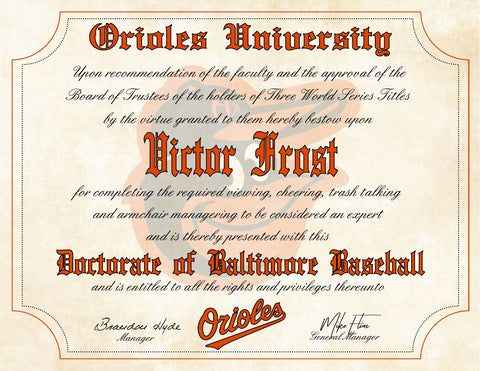 Baltimore Orioles Ultimate Baseball Fan Personalized Diploma - 8.5" x 11"