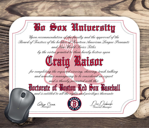 Bo Sox University - Boston Red Sox Ultimate Baseball Fan Personalized Diploma - Mouse Pad - Perfect Gift