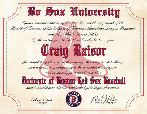 Boston Red Sox Ultimate Baseball Fan Personalized Diploma - 8.5" x 11"