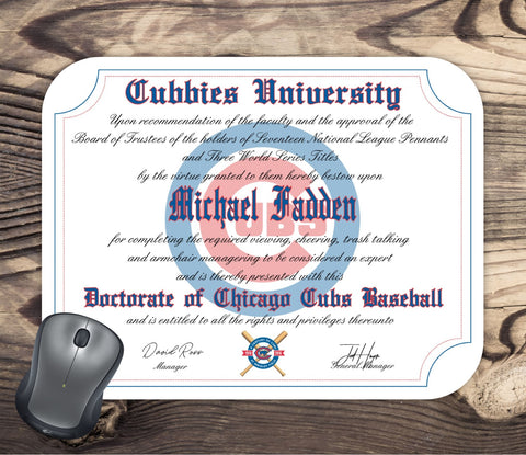Personalized Chicago Cubs Baseball Ultimate Fan Diploma Mouse Pad