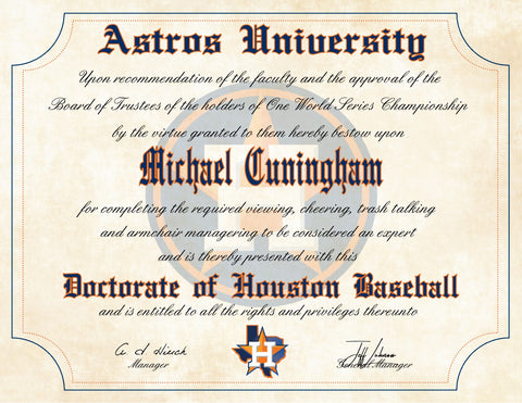 Houston Astros Ultimate Baseball Fan Personalized Diploma - 8.5" x 11"