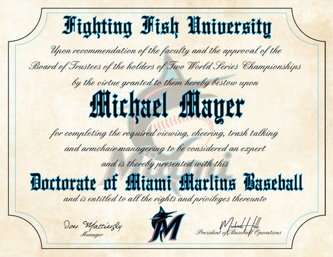 Miami Marlins Ultimate Baseball Fan Personalized Diploma - 8.5" x 11"