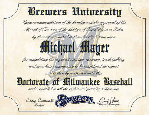 Milwaukee Brewers Ultimate Baseball Fan Personalized Diploma - 8.5" x 11"