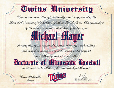Minnesota Twins Ultimate Baseball Fan Personalized Diploma - 8.5" x 11"