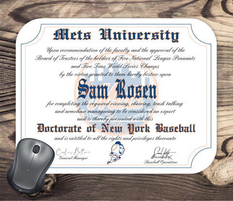 New York Mets Ultimate Baseball Fan Personalized Diploma - Mouse Pad