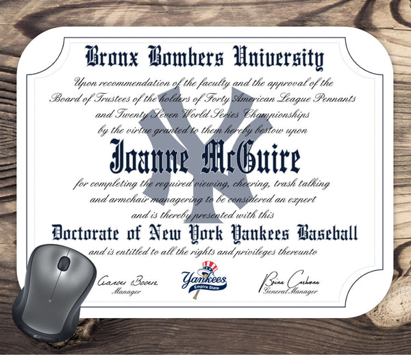 Personalized New York Yankees Baseball Ultimate Fan Diploma Mouse Pad