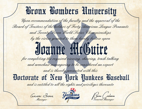 New York Yankees Ultimate Baseball Fan Personalized Diploma - 8.5" x 11"