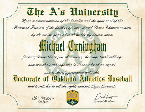 Oakland A's Ultimate Baseball Fan Personalized Diploma - 8.5" x 11"