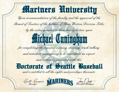 Seattle Mariners Ultimate Baseball Fan Personalized Diploma - 8.5" x 11" Parchment Paper
