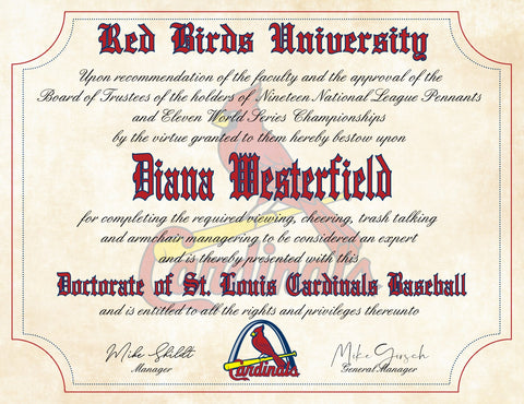 St. Louis Cardinals Ultimate Baseball Fan Personalized Diploma - 8.5" x 11"