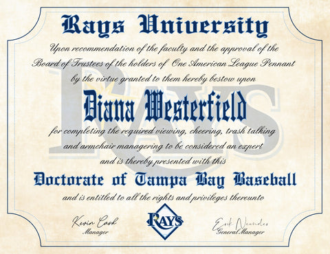 Tampa Bay Rays Ultimate Baseball Fan Personalized Diploma - 8.5" x 11"