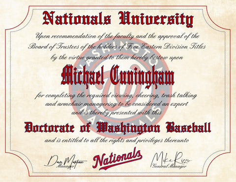 Washington Nationals Ultimate Baseball Fan Personalized Diploma - 8.5" x 11"
