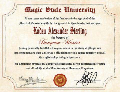 Doctorate of Magic Diploma Personalized Certificate on 8.5" x 11" Parchment Paper makes a great gift
