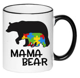 Mama Bear Autism Awareness, Puzzle piece, Gift for Her, Hot Chocolate, 11 Ounce Ceramic Mug