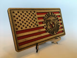 Small American Flag, US Marines Military desk flag, Engraved Wood Painted Rustic Style Flag