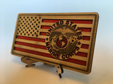 Small American Flag, US Marines Military desk flag, Engraved Wood Painted Rustic Style Flag