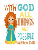 Princess Christian Nursery Decor Set of 4 Prints, Snow White, Merida, Jasmine and Mulan with Bible Verses