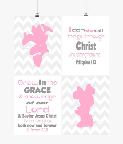 Minnie Mouse Christian Nursery Decor Set of 4 Unframed Prints Chevron Pink and Gray