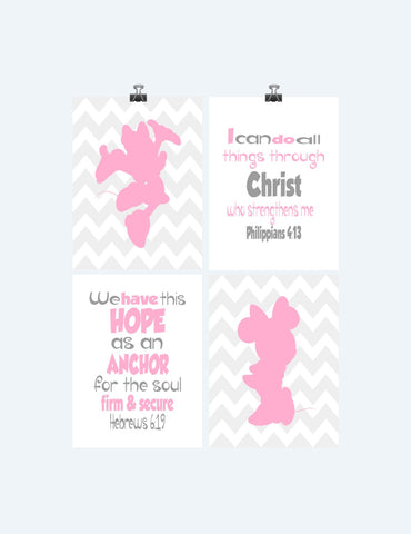 Minnie Mouse Christian Nursery Decor Set of 4 Unframed Prints Chevron Pink and Gray with Bible Verses