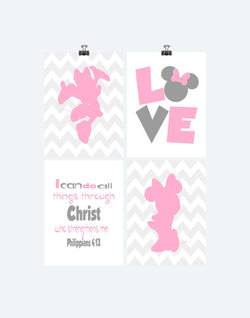 Minnie Mouse Christian Chevron Pink Nursery Set of 4 Unframed Prints, I Can Do All Things, Philippians 4:13