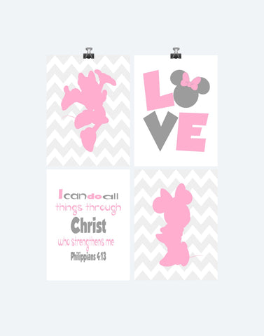 Minnie Mouse Christian Chevron Pink Nursery Set of 4 Unframed Prints, I Can Do All Things, Philippians 4:13