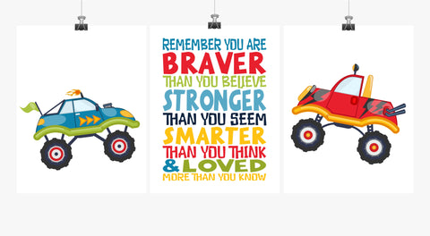 You are Braver, Stronger, Smarter Monster Truck Nursery  Decor Set of 3 Unframed Prints