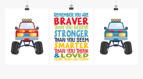 You are Braver, Stronger, Smarter Monster Truck Nursery Decor Set of 3 Unframed Prints