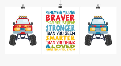 Monster Truck Nursery Art Decor Set of 3 Prints - You are Braver, Stronger, Smarter