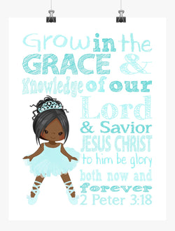 African American Ballerina Christian Nursery Decor Print, Grow in Grace and Knowledge