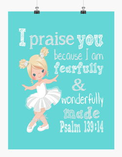 Blonde Ballerina Christian Nursery Decor Print, Fearfully & Wonderfully Made Psalm 139:14