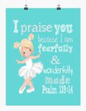 Blonde Ballerina Christian Nursery Decor Print, Fearfully & Wonderfully Made Psalm 139:14