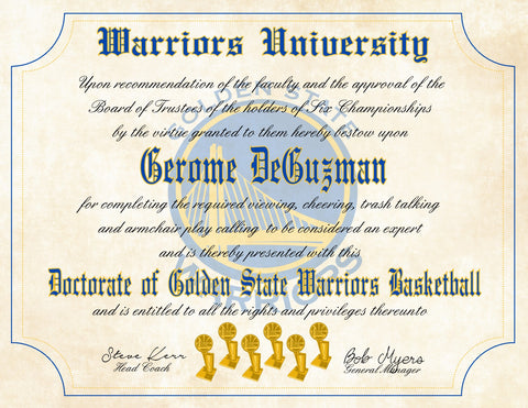 Golden State Warriors Ultimate Basketball Fan Personalized Diploma - Perfect Gift - 8.5" x 11" Parchment Paper