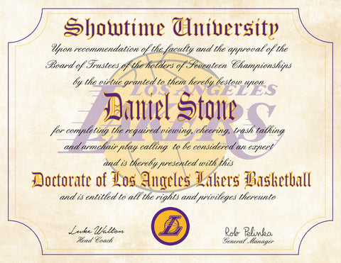 L.A. Lakers Showtime Ultimate Basketball Fan Personalized Diploma - 8.5" x 11" Parchment Paper