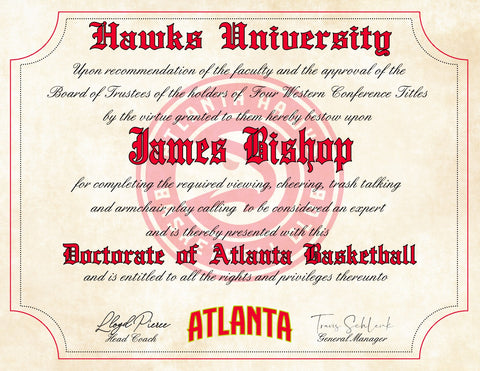 Atlanta Hawks Ultimate Basketball Fan Personalized Diploma - 8.5" x 11" Parchment Paper