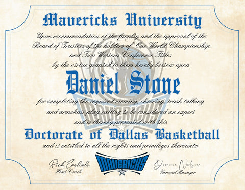 Dallas Mavericks Ultimate Basketball Fan Personalized Diploma - Perfect Gift - 8.5" x 11" Parchment Paper