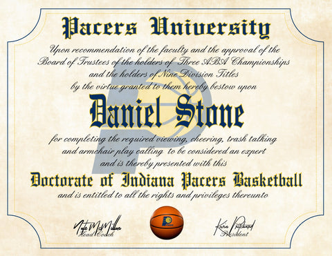 Indiana Pacers Ultimate Basketball Fan Personalized Diploma - Perfect Gift - 8.5" x 11" Parchment Paper