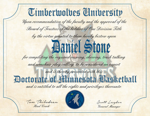 Minnesota Timberwolves Ultimate Basketball Fan Personalized Diploma - 8.5" x 11" Parchment Paper