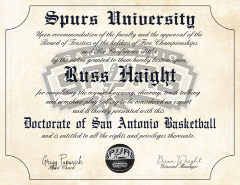 San Antonio Spurs Ultimate Basketball Fan Personalized Diploma - Perfect Gift - 8.5" x 11" Parchment Paper