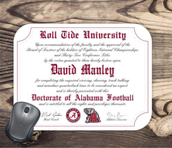 Alabama Crimson Tide Ultimate Football Fan Personalized Diploma - Mouse Pad