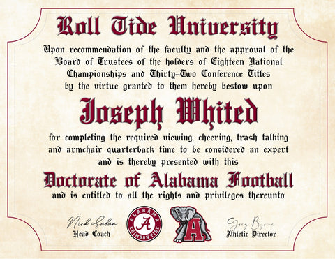 Alabama Crimson Tide Ultimate Football Fan Personalized Novelty Diploma #1 Fan Custom Certificate for Man Cave on 8.5" x 11" Parchment Paper